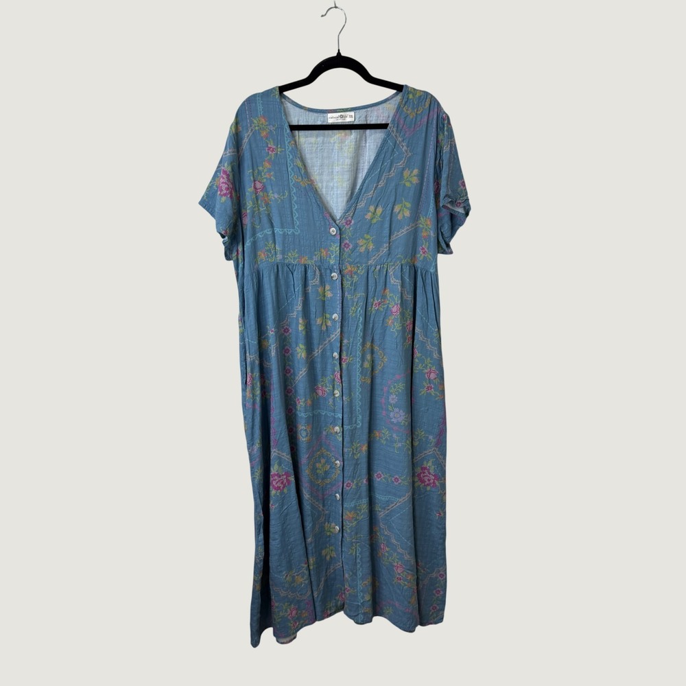 Natural Life Floral Maxi Dress Blue XXL Button Front Romantic Cottagecore Boho